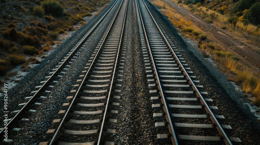 Endless railroad tracks disappearing into the distance under the warm glow of the sun Endless railroad tracks disappearing into the distance under the warm glow of the sun