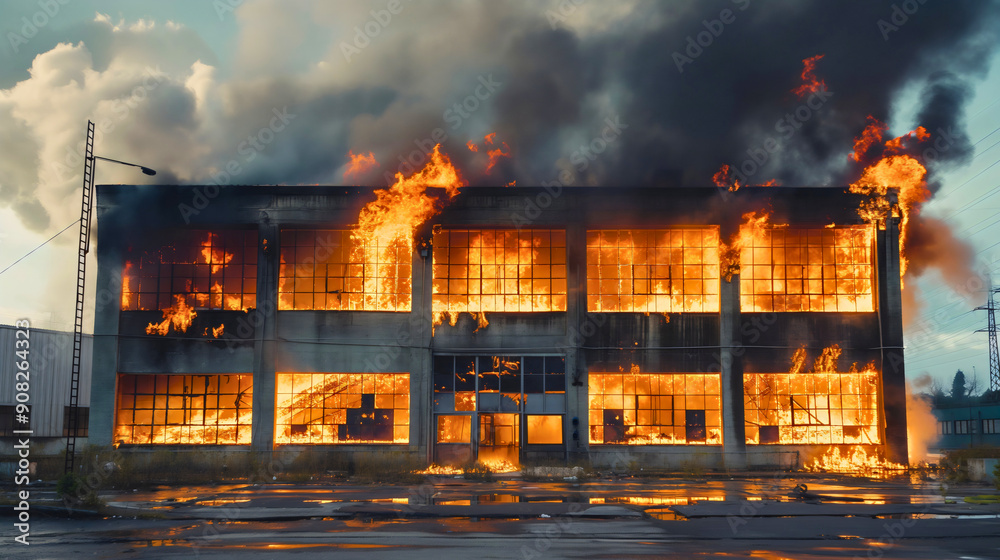 Led Factory Fire Big fire flame burning in industrial factory building, exterior view ...
