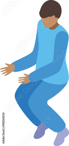 Young man wearing blue sportswear crouching down isometric 3d