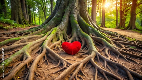 Love's Journey: A Red Heart Traced on the Path of a Tree's Roots  Generative AI photo