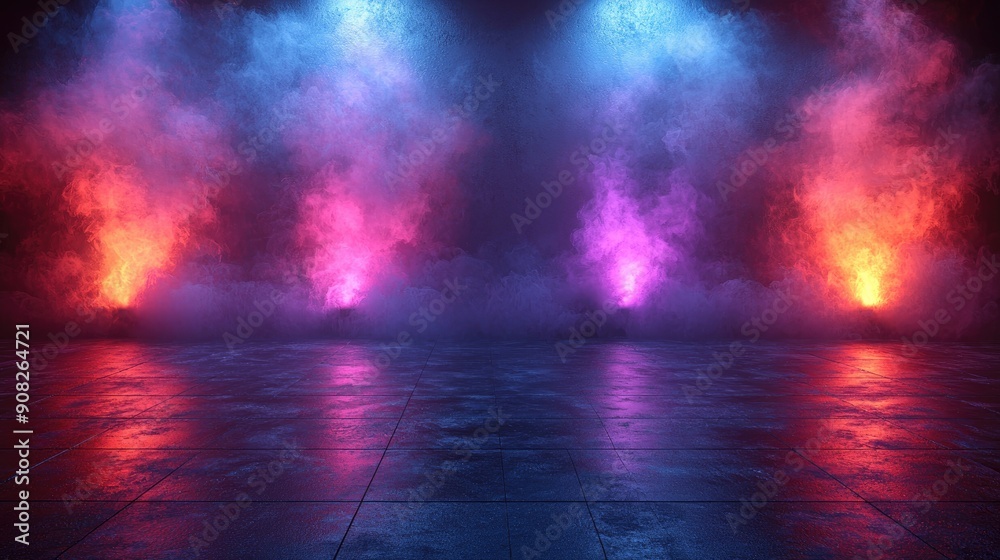 Fototapeta premium Futuristic Sci-Fi Abstract Blue And Purple Neon Light Shapes On a Black Background And Reflective Concrete With Empty Space For Text 3D Rendering