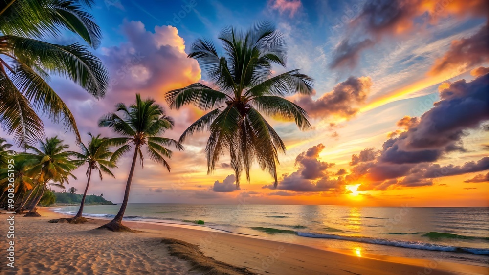 A Sunset Over a Beach with Palm Trees AI generated A Sunset Over a Beach with Palm Trees AI generated