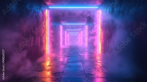 Futuristic Sci-Fi Abstract Blue And Purple Neon Light Shapes On a Black Background And Reflective Concrete With Empty Space For Text 3D Rendering