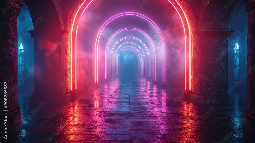 Futuristic Sci-Fi Abstract Blue And Purple Neon Light Shapes On a Black Background And Reflective Concrete With Empty Space For Text 3D Rendering Futuristic Sci-Fi Abstract Blue And Purple Neon Light Shapes On a Black Background And Reflective Concrete With Empty Space For Text 3D Rendering