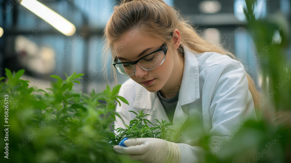 female Botanist scientist in lab coat works on experimental plant plots female Botanist scientist in lab coat works on experimental plant plots