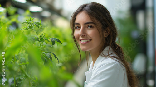 female Botanist scientist in lab coat works on experimental plant plots