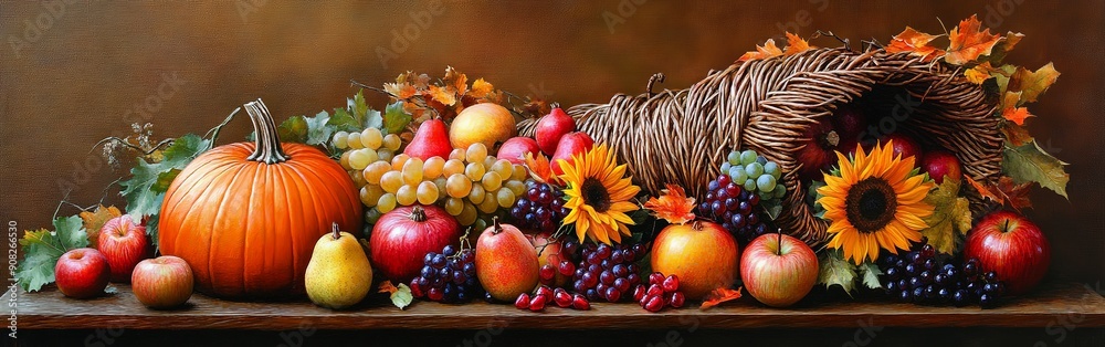 Rustic Autumn Harvest with Pumpkin and Sunflowers Rustic Autumn Harvest with Pumpkin and Sunflowers