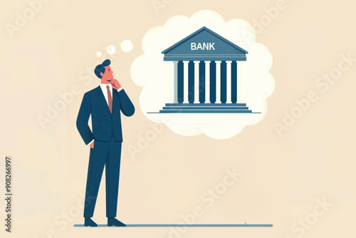 Illustration of a businessman contemplating financial decisions and banking services with a message bubble depicting a bank, illustrating a business and finance concept.