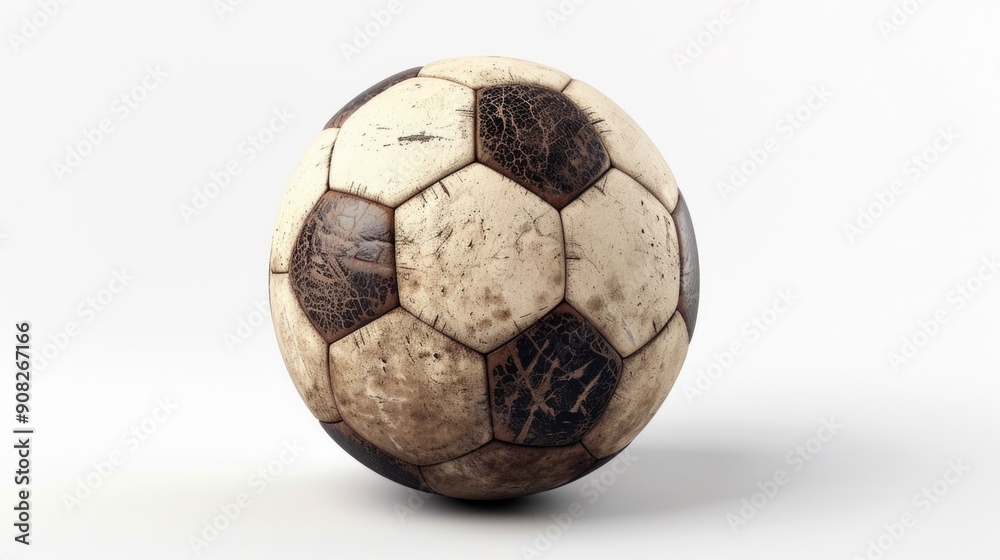 Naklejka premium A worn out soccer ball lying on a white surface