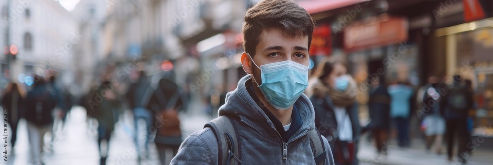 A young man wearing a medical face mask on a busy street A young man wearing a medical face mask on a busy street