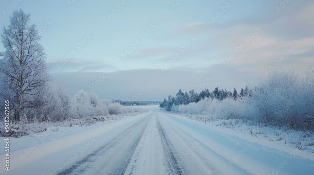Snow covered road is winding through a forest covered with hoarfrost during a cold winter day Snow covered road is winding through a forest covered with hoarfrost during a cold winter day