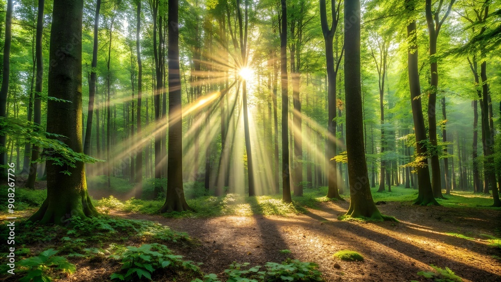 Obraz premium Sunbeams Through the Trees: A Glimmer of Hope AI generated
