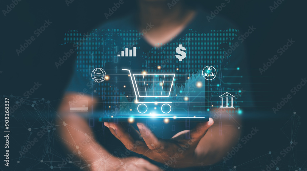 Ecommerce and online payment technology concept. Businessman holding smartphone with shopping cart and business icon on virtual screen. Shopping online on internet network. Digital marketing. Ecommerce and online payment technology concept. Businessman holding smartphone with shopping cart and business icon on virtual screen. Shopping online on internet network. Digital marketing.