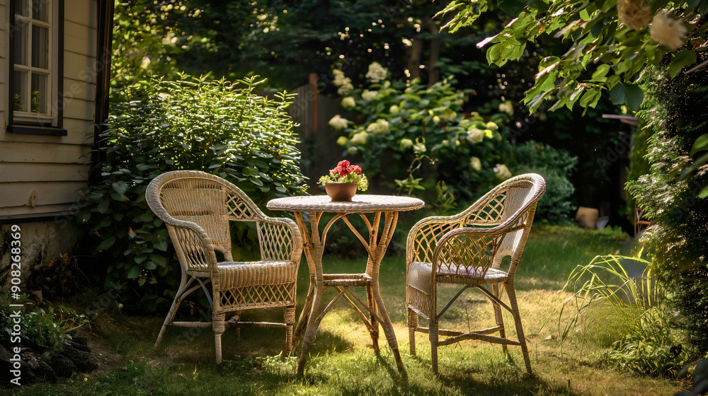 Wooden table and chairs in the sunny garden nature outdoors. House or home backyard furniture, park set to rest, sit and relax, elegant dining seat outside Wooden table and chairs in the sunny garden nature outdoors. House or home backyard furniture, park set to rest, sit and relax, elegant dining seat outside