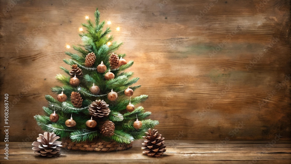 Watercolor Christmas Tree with Pine Cones on a Brown Background - Rustic Holiday Charm AI generated Watercolor Christmas Tree with Pine Cones on a Brown Background - Rustic Holiday Charm AI generated