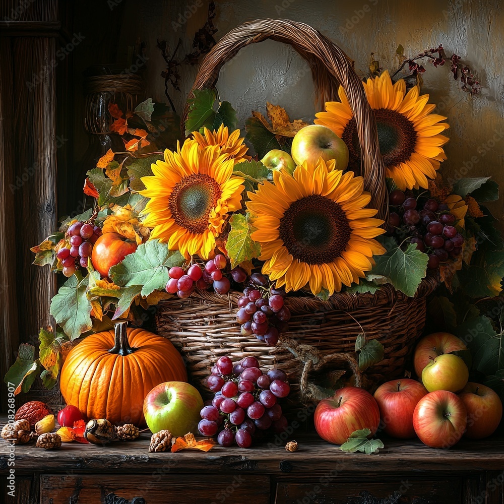 Rustic Autumn Harvest with Pumpkin and Sunflowers Rustic Autumn Harvest with Pumpkin and Sunflowers