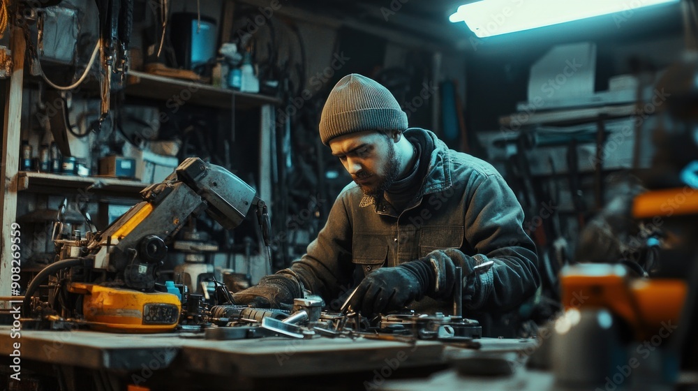 Mechanic Working on a Project in a Workshop Mechanic Working on a Project in a Workshop