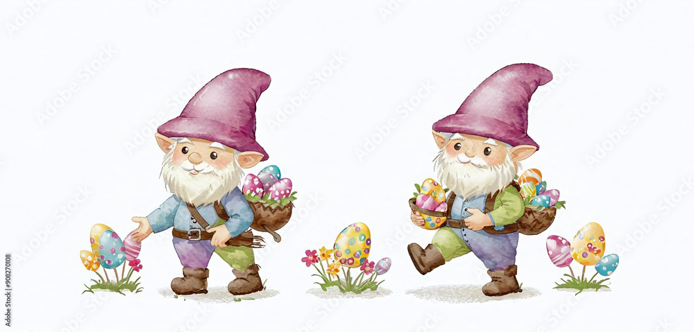 illustrative depiction of easter gnome, cute gnomes, dwarf with easter eggs easter gnomes, cute gnomes, dwarf with easter eggs