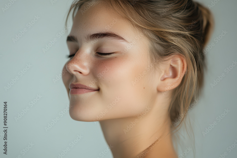 A close up of a girl's face with her eyes closed