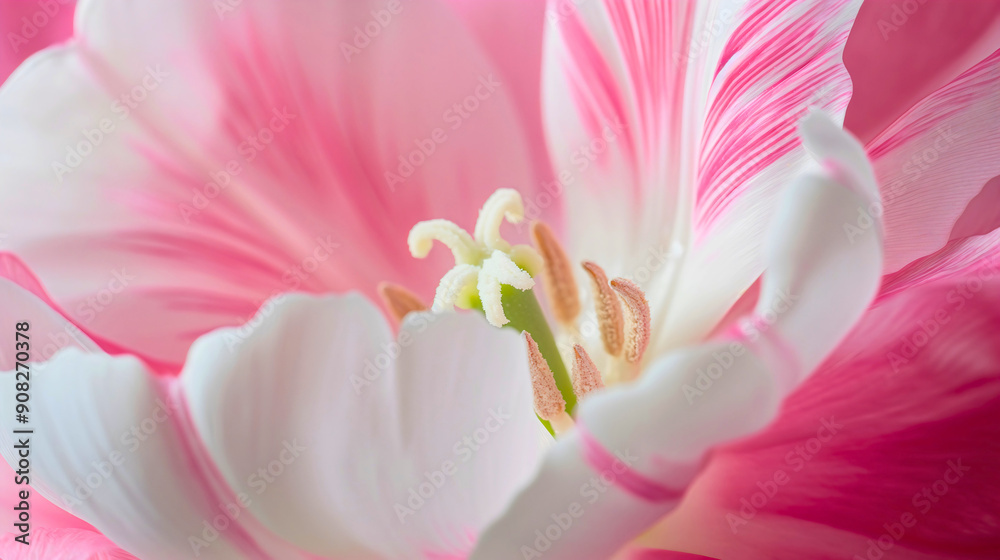 Macro closeup photography of white and pink tulip flower. Fresh bright flora plant petals, beautiful garden botany blossom, spring nature bloom, summer gardening, elegant, romantic Macro closeup photography of white and pink tulip flower. Fresh bright flora plant petals, beautiful garden botany blossom, spring nature bloom, summer gardening, elegant, romantic