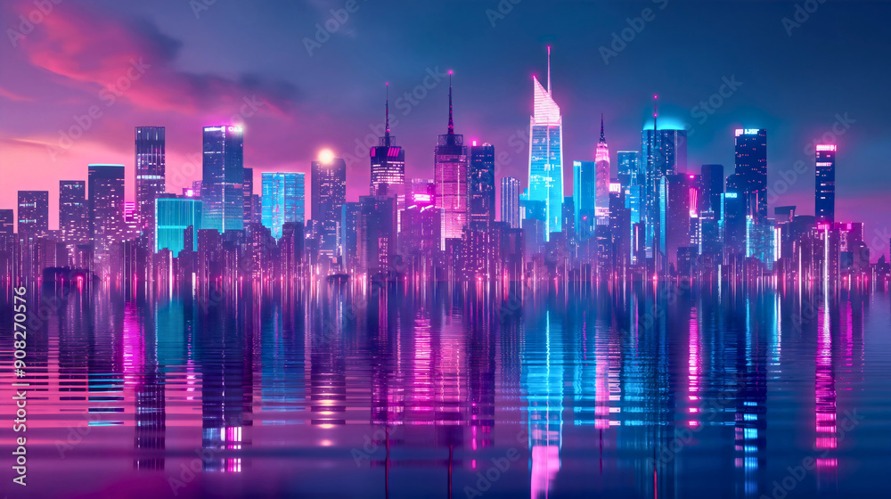 Neon city skyline water reflection. Blue and purple glowing futuristic skyscraper tower buildings architecture at night, urban downtown bright lights, fantasy cyberpunk wallpaper Neon city skyline water reflection. Blue and purple glowing futuristic skyscraper tower buildings architecture at night, urban downtown bright lights, fantasy cyberpunk wallpaper