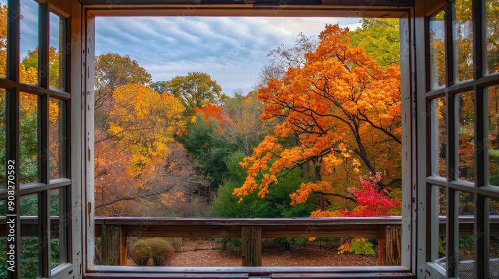 Fototapeta premium Square window frame overlooking green and orange trees from a deck