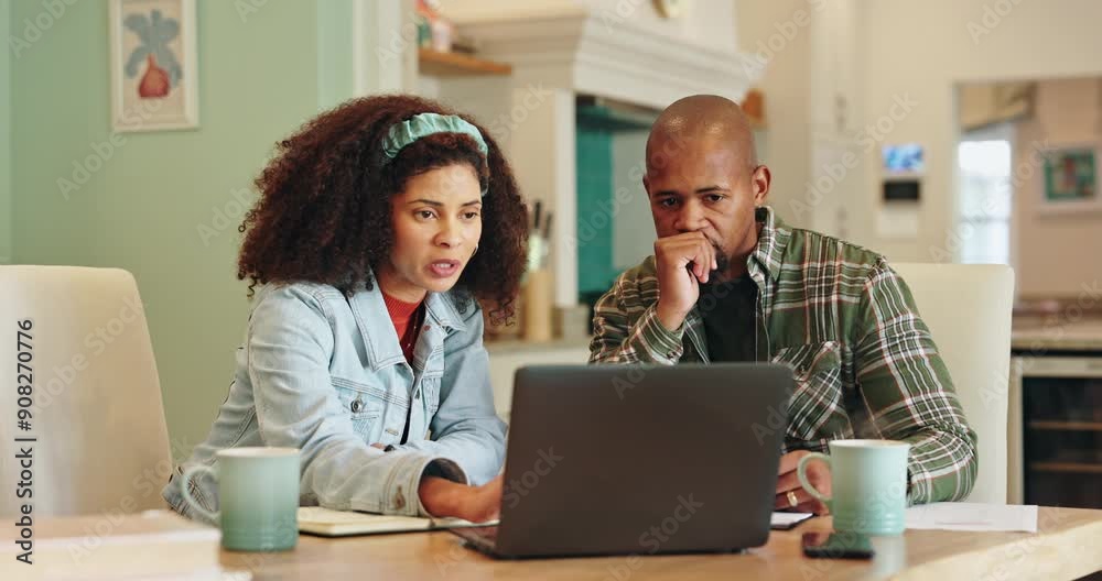 Couple, talking and laptop with stress in home for insurance bill, poor connection and tax compliance. Man, woman and worried discussion for computer glitch, budget mistake and mortgage bond increase Couple, talking and laptop with stress in home for insurance bill, poor connection and tax compliance. Man, woman and worried discussion for computer glitch, budget mistake and mortgage bond increase