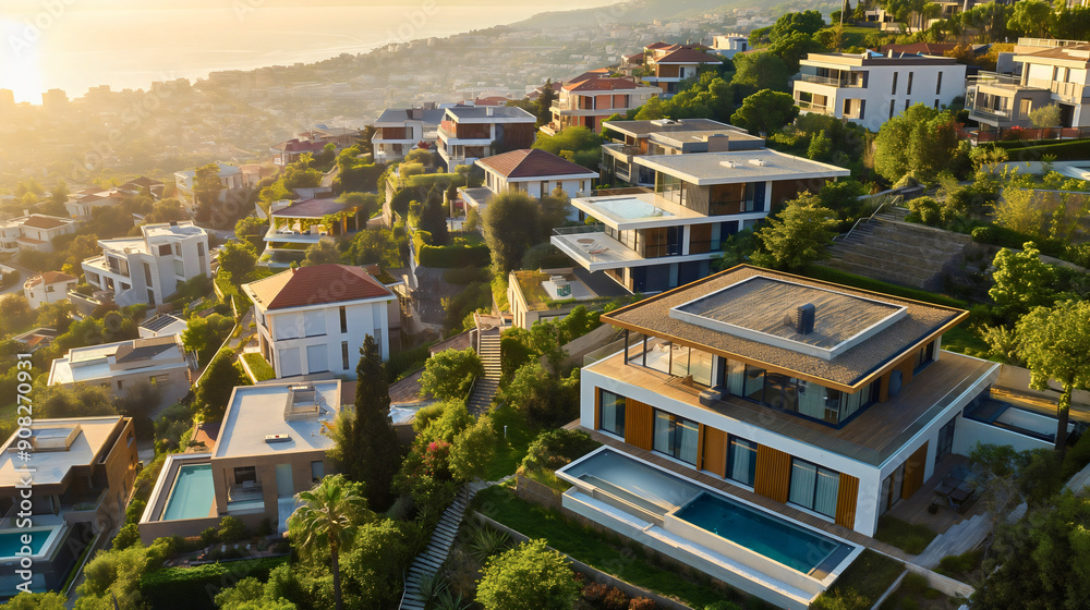 Obraz premium Aerial drone view landscape of luxury home house buildings on a hill. Modern travel vacation villa exteriors with swimming pools, mountain real estate property, scenic, tourism, luxurious, sunset