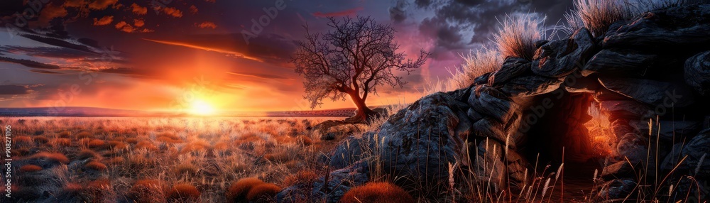 Obraz premium Stone shelters nestled in a rugged landscape, depicting early human settlements, Historical, Earthy tones, Digital painting