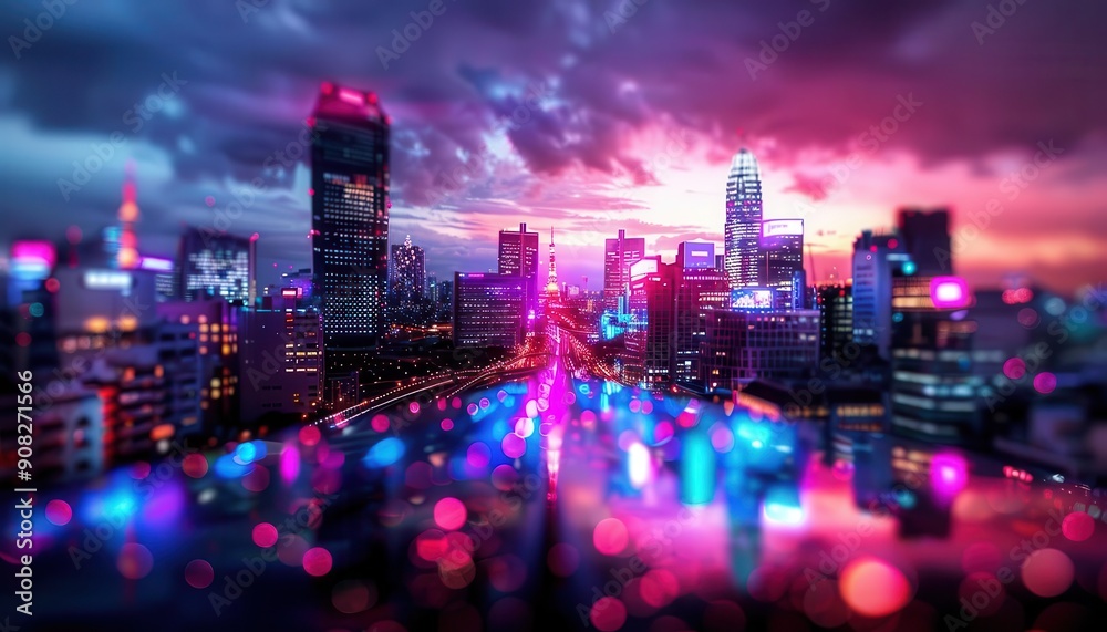 Fototapeta premium Urban panorama of a bustling metropolis at night, with glowing city lights, Realism, Cool tones, Digital painting