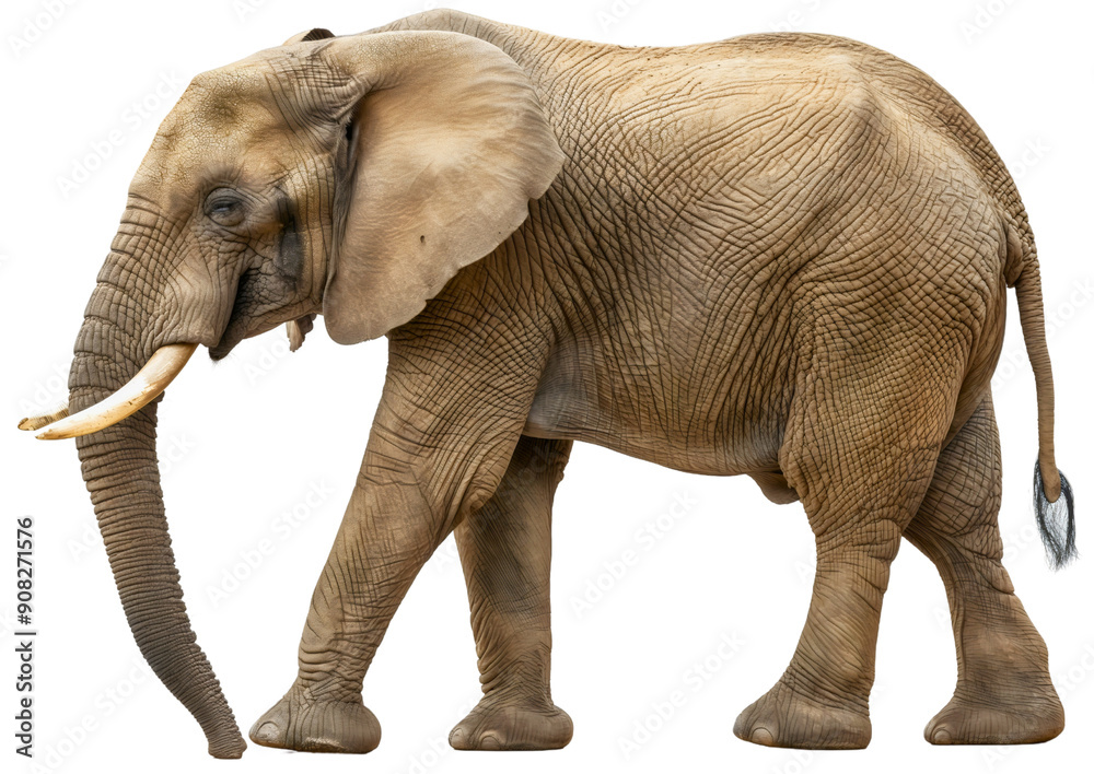 Side view full body length portrait of elephant standing or walking isolated on transparent background. Large strong safari Africa wildlife nature mammal with trunk and tusk, huge powerful herbivore Side view full body length portrait of elephant standing or walking isolated on transparent background. Large strong safari Africa wildlife nature mammal with trunk and tusk, huge powerful herbivore