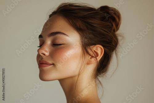 A close up of a girl's face with her eyes closed