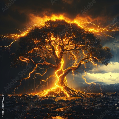 In a mystical forest, a towering tree radiates golden light as it s struck by lightning in a stormy sky, symbolizing power, growth, and resilience in nature s majestic beauty. photo