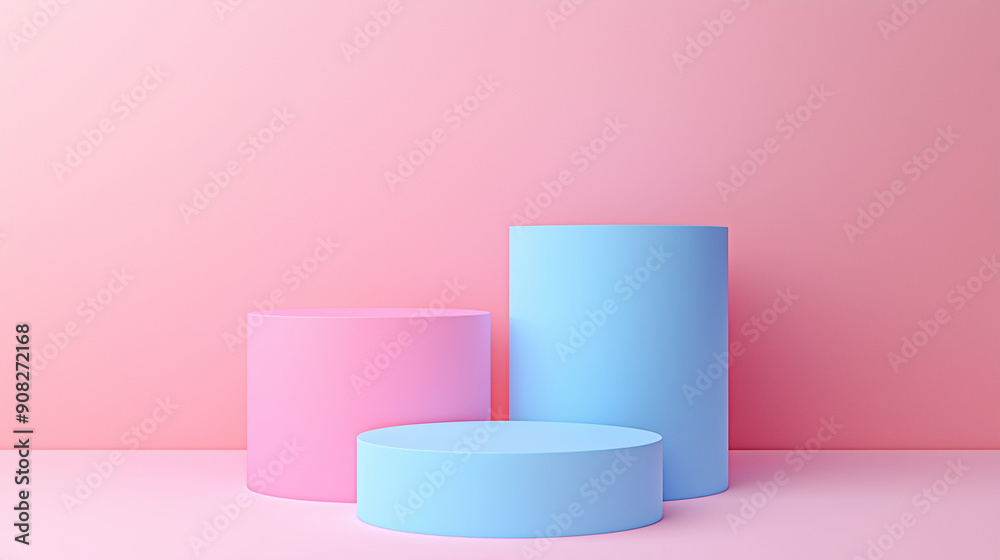 ピンクとブルーをメインカラーとしたシンプルな表彰台を3Dで立体的に描いたAI生成画像 ピンクとブルーをメインカラーとしたシンプルな表彰台を3Dで立体的に描いたAI生成画像
