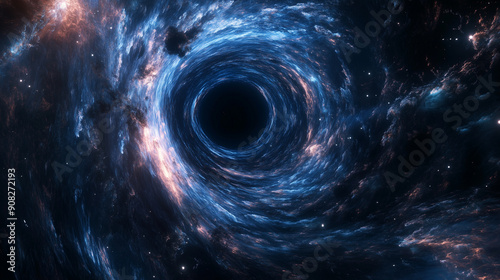 宇宙空間に存在するブラックホールが時間と空間を歪めている渦をリアルに描いたAI生成画像