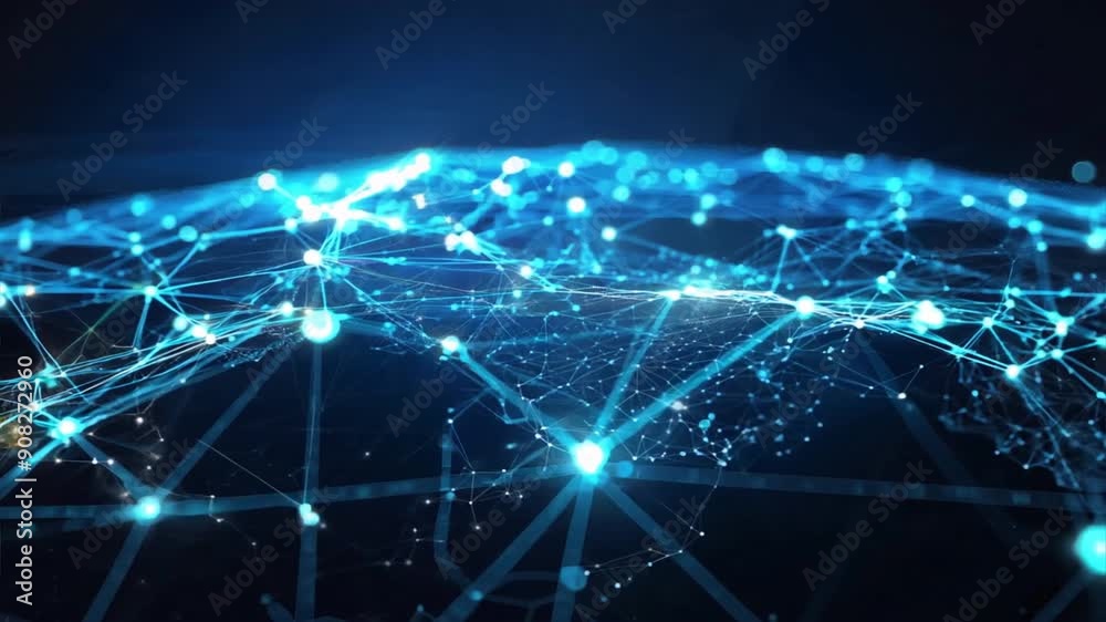 digital grid with bright points of light representing a global network