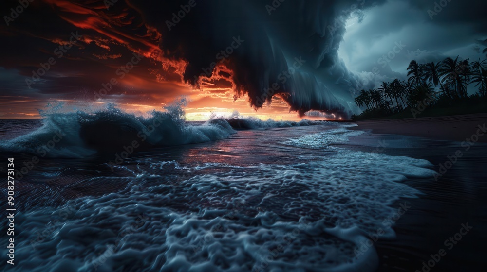 Fototapeta premium Weather disaster with a hurricane approaching a coastline, capturing the impending danger, Realism, Dark tones, Digital painting
