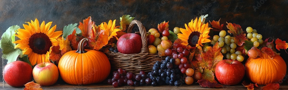 Rustic Autumn Harvest with Pumpkin and Sunflowers Rustic Autumn Harvest with Pumpkin and Sunflowers