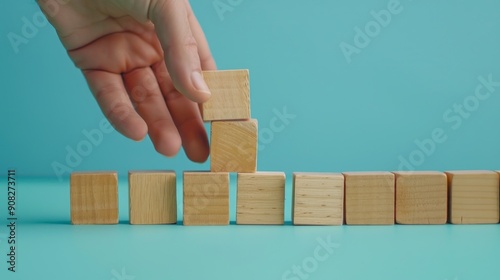 Hand Arranging Wooden Blocks on Blue Surface 1