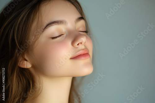 A close up of a girl's face with her eyes closed