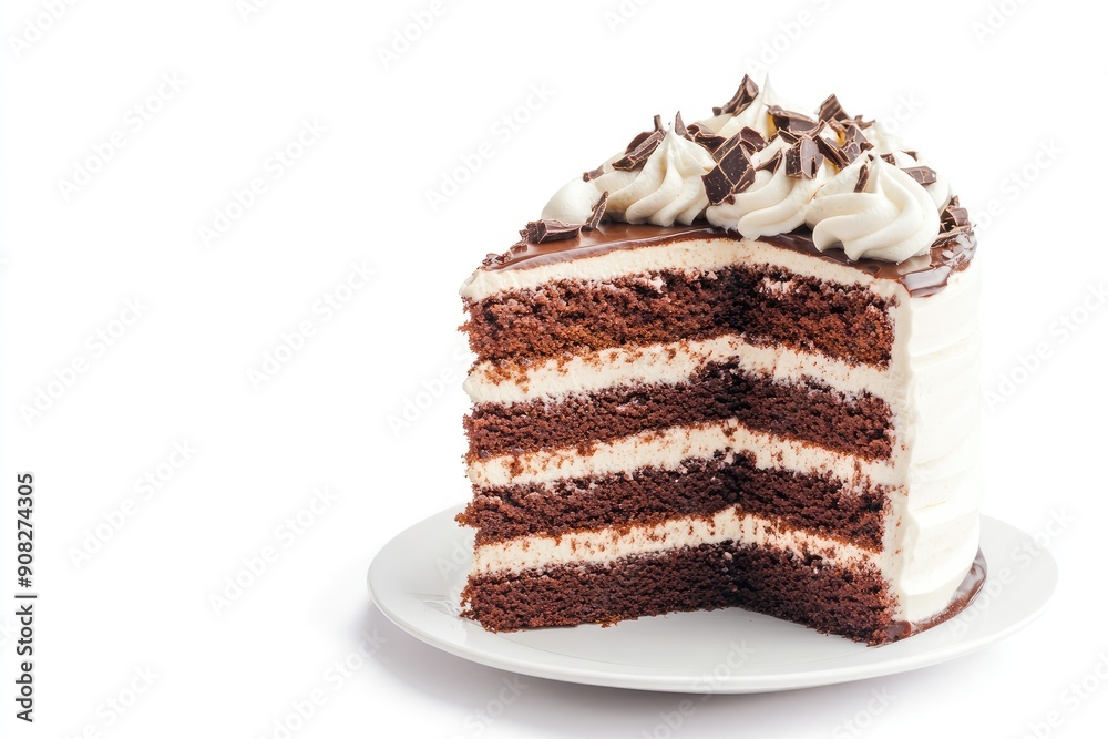 A Slice of Chocolate Cake with White Frosting and Chocolate Shavings A Slice of Chocolate Cake with White Frosting and Chocolate Shavings
