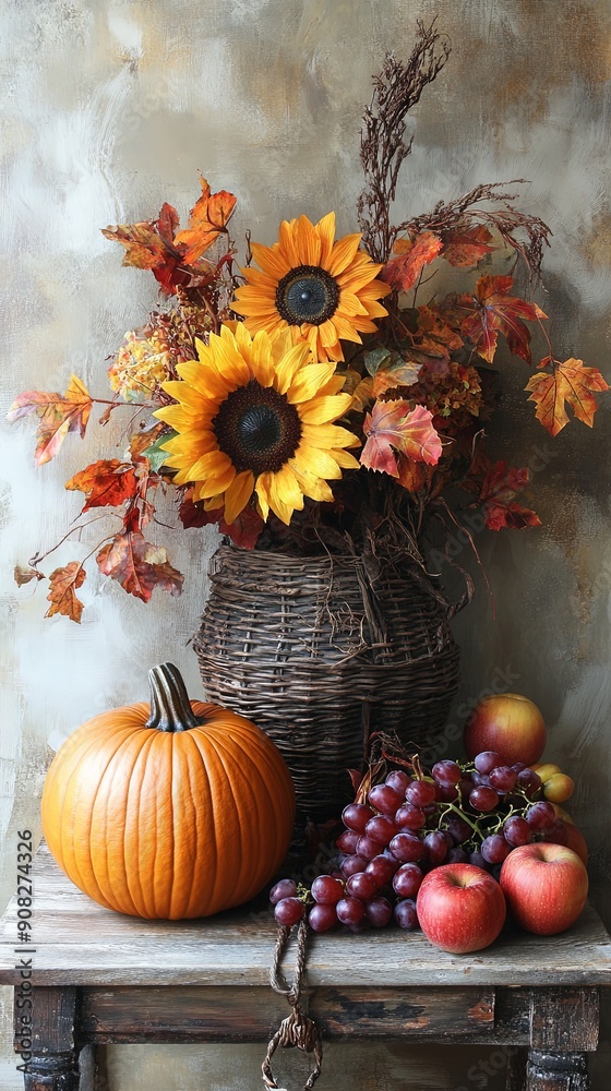 Rustic Autumn Harvest with Pumpkin and Sunflowers