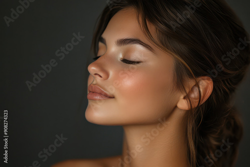 A close up of a girl's face with her eyes closed