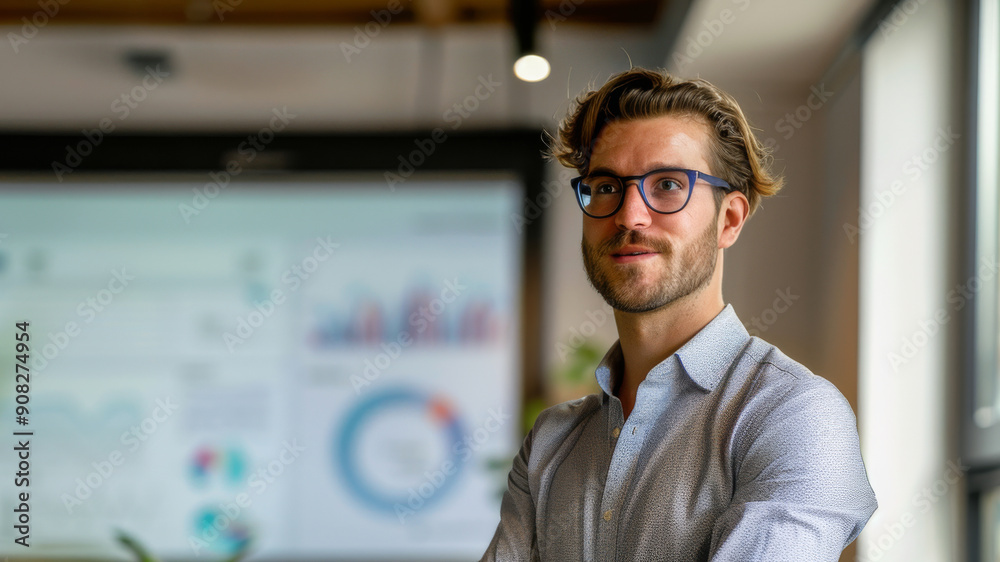 Obraz premium Confident Businessman with Glasses in Modern Office with Presentation Background
