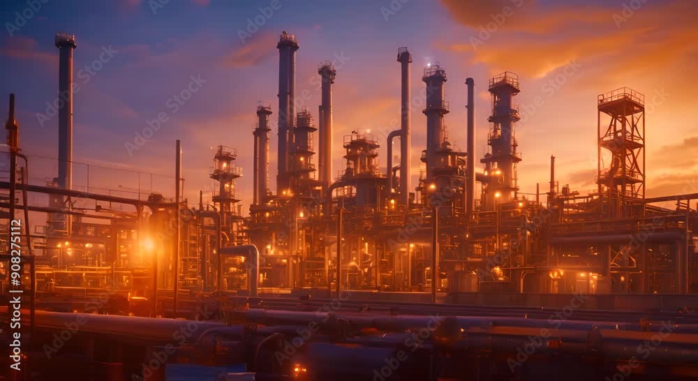 An oil refinery as an industrial estate with sunset lights and Steel pipe factory equipment in the petroleum industry producing upstream oil and gas as a background 4k animation An oil refinery as an industrial estate with sunset lights and Steel pipe factory equipment in the petroleum industry producing upstream oil and gas as a background 4k animation