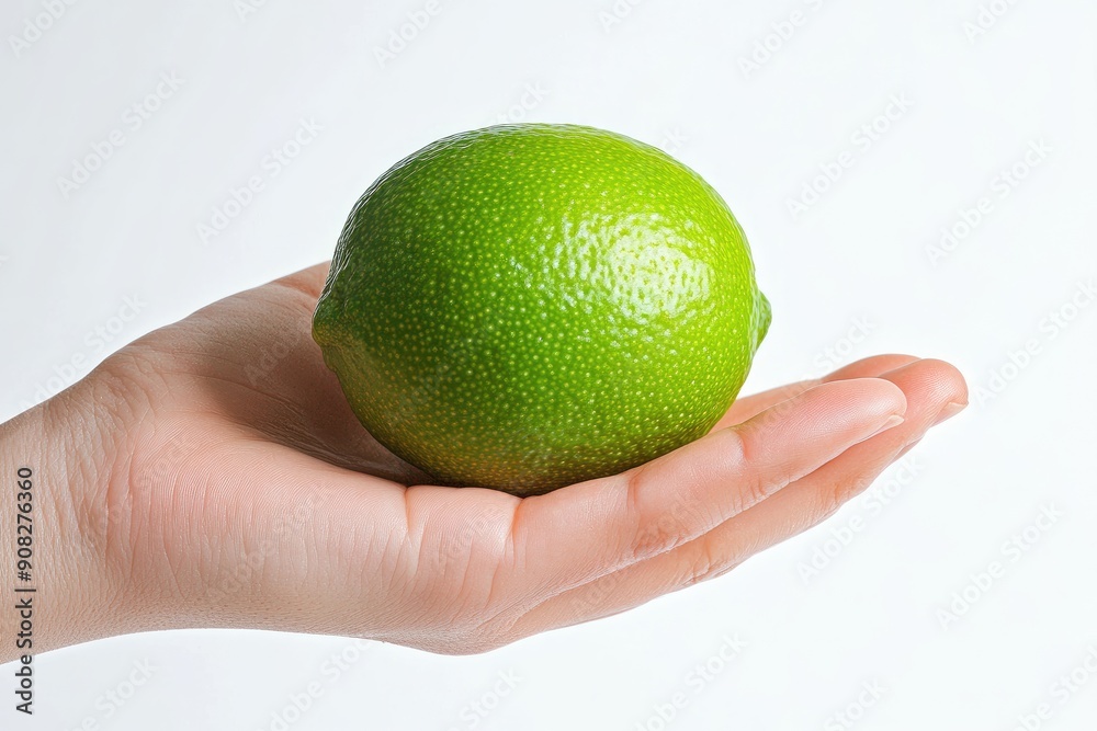 Green Lime Held in Hand Against White Background Green Lime Held in Hand Against White Background