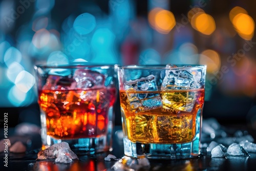 Two glasses of alcohol served with ice on a table