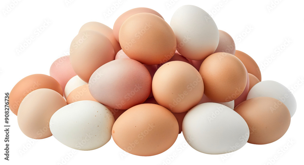 Pile stack heap of white and brown eggs isolated on transparent background. Group of healthy traditional chicken fresh organic protein food, many, meal ingredient, breakfast, diet Pile stack heap of white and brown eggs isolated on transparent background. Group of healthy traditional chicken fresh organic protein food, many, meal ingredient, breakfast, diet