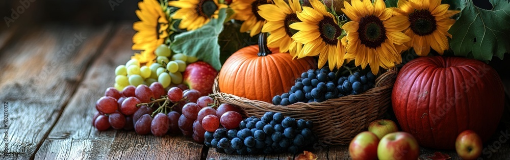 Rustic Autumn Harvest with Pumpkin and Sunflowers