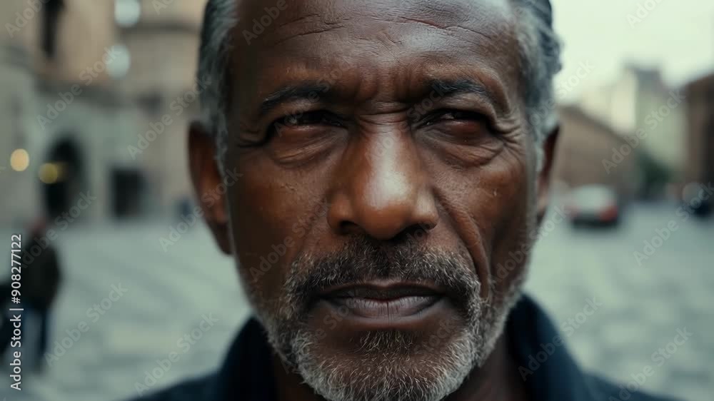 The camera focuses on a middleaged mans rugged features as he enjoys a moment of solitude in the bustling city courtyard. The camera focuses on a middleaged mans rugged features as he enjoys a moment of solitude in the bustling city courtyard.